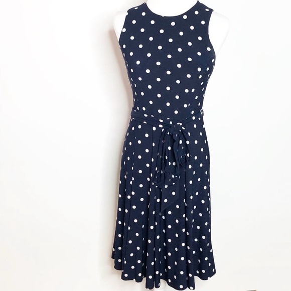 LAUREN RALPH LAUREN 6 Navy White Polka Dot Sleeveless Self Sash Belt Fit & Flare - Picture 1 of 11